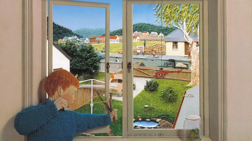 A collage of a boy looking out onto his backyard and a clearing across the road advertising firewood.