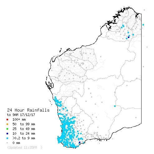 A map showing blue dots around WA's South West, indicating rainfall recorded overnight.