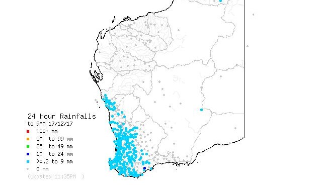 A map showing blue dots around WA's South West, indicating rainfall recorded overnight.