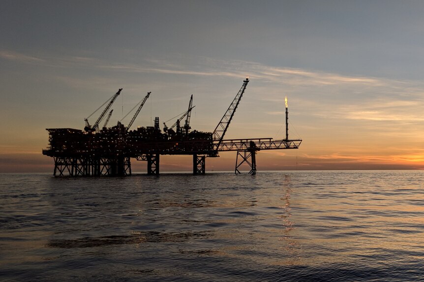 Woodside's offshore North Rankin gas platform at sunset.