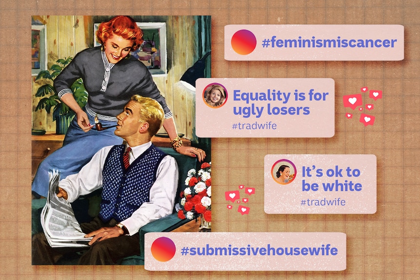 1950s image surrounded by hateful tweets linked to the tradwives movement 
