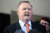 Anthony Albanese speaks into microphones at a press conference