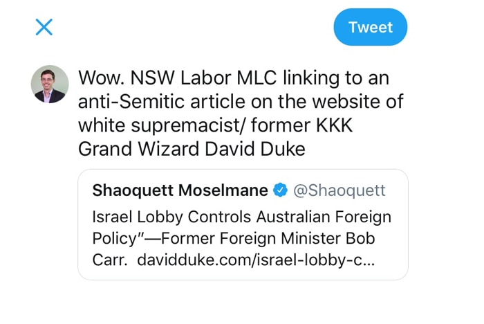 A tweet that reads: "Israel Lobby Controls Australian Foreign Policy"-Former Foreign Minister Bob Carr.