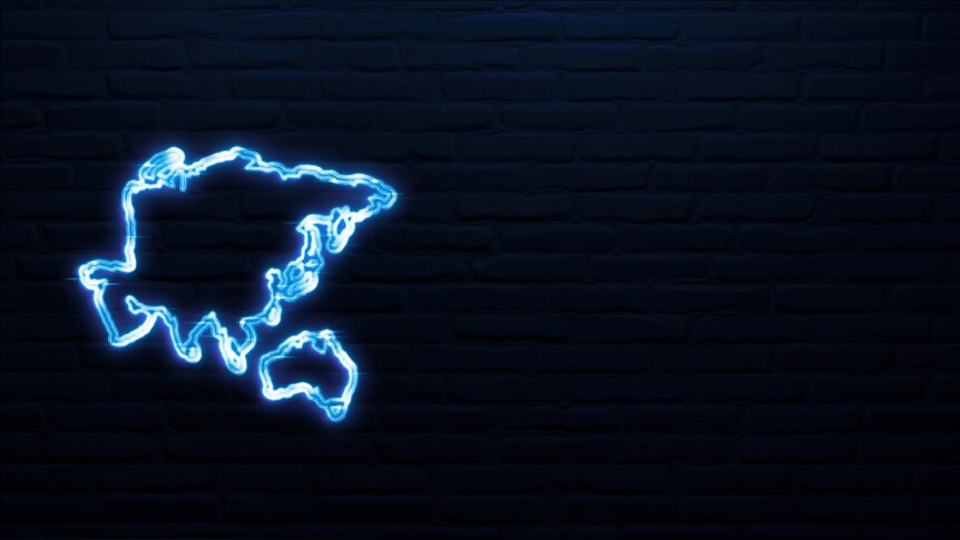 A neon outline of the Asia Pacific region.