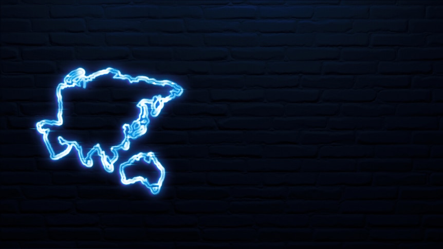 A neon outline of the Asia Pacific region.