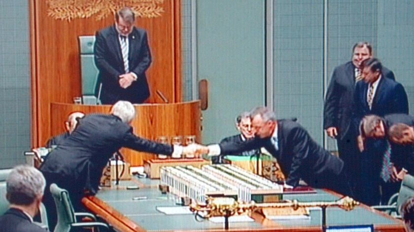 Kevin Rudd and Brendan Nelson shake hands