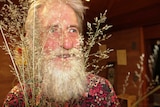 A close shot of white bearded Peter Latz holding long, fluffy tipped African Love Grass
