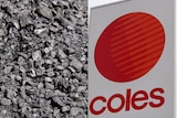 A pile of coal is pictured next to a Coles sign.