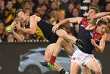 Jack Riewoldt marks against the Demons