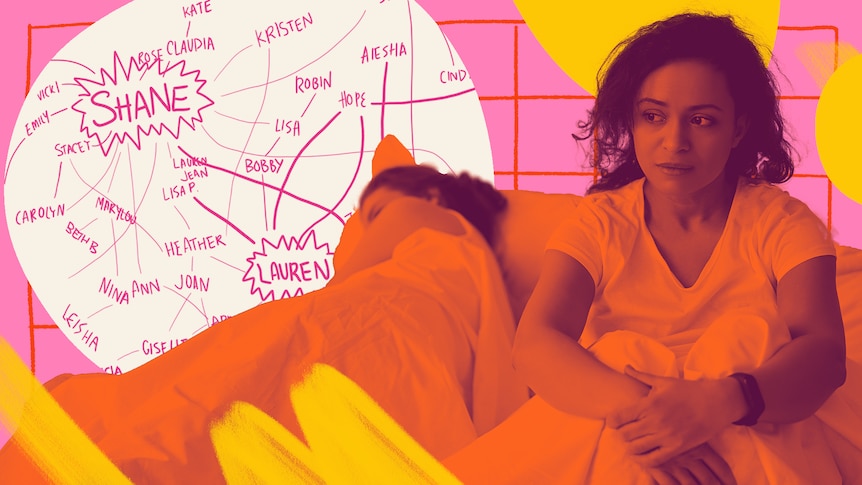 Image of a young woman in bed, looking confused, next to another sleeping woman. A spiderweb of names superimposed behind them.