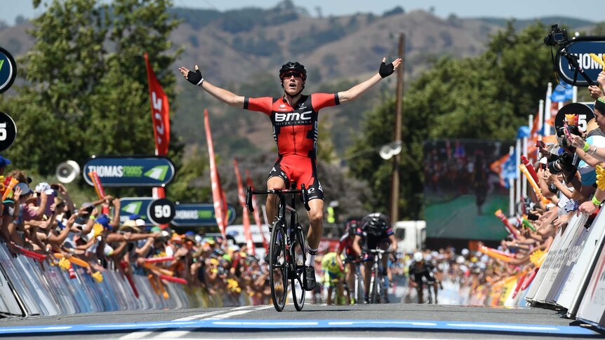 Team BMC's Rohan Dennis celebrates winning stage three of the 2015 Tour Down Under at Paracombe.