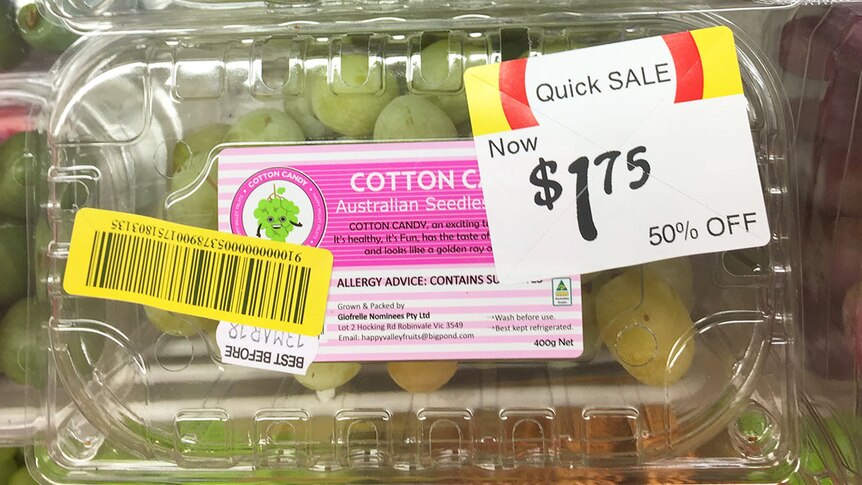 Discounted cotton candy grapes for sale in a supermarket display in Brisbane in March 2018.
