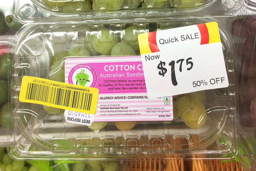 Discounted cotton candy grapes for sale in a supermarket display in Brisbane in March 2018.