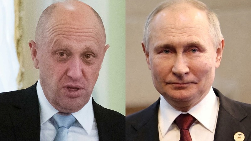 A composite image of Yegveny Prigozhin and Vladimir Putin