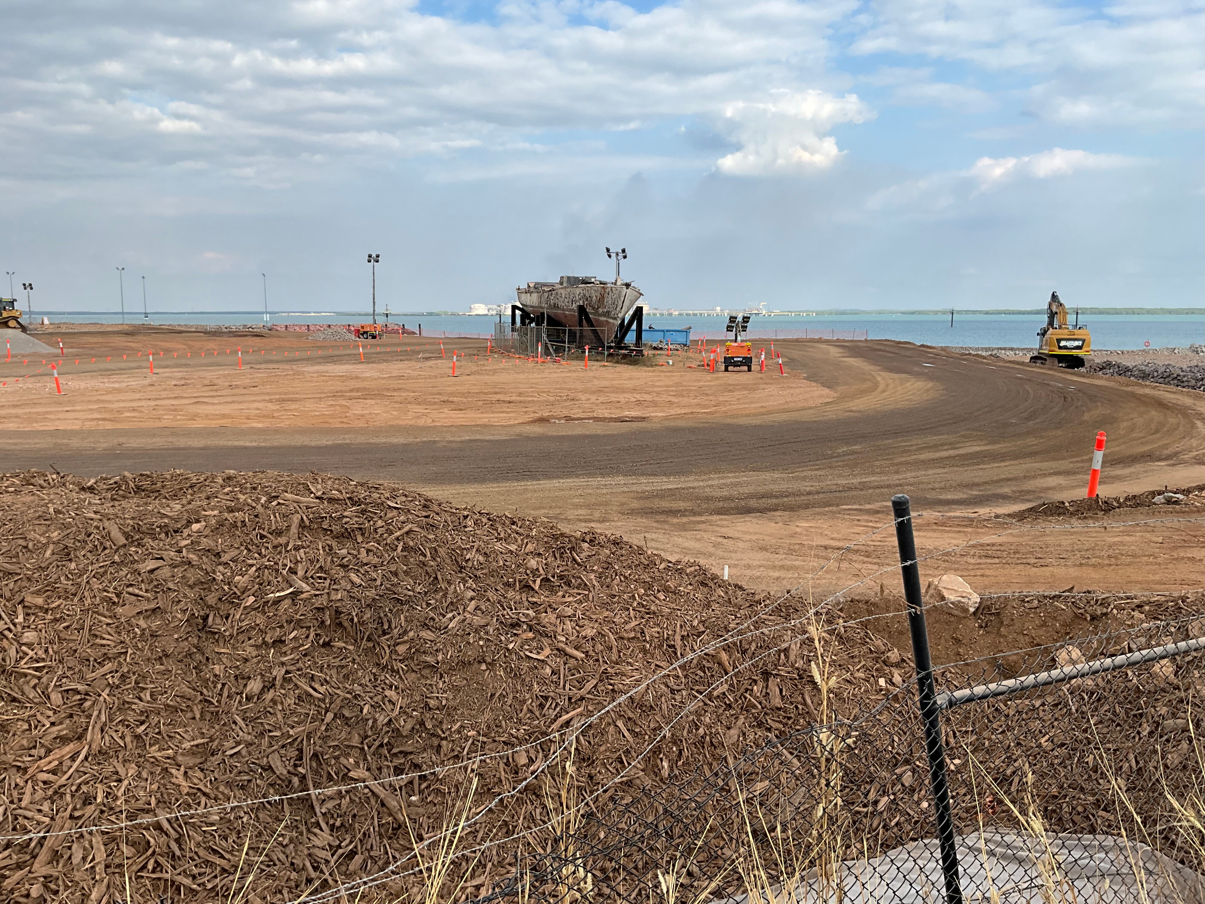 The vessel Rushcutter on a specially made cradle in the middle of a construction site