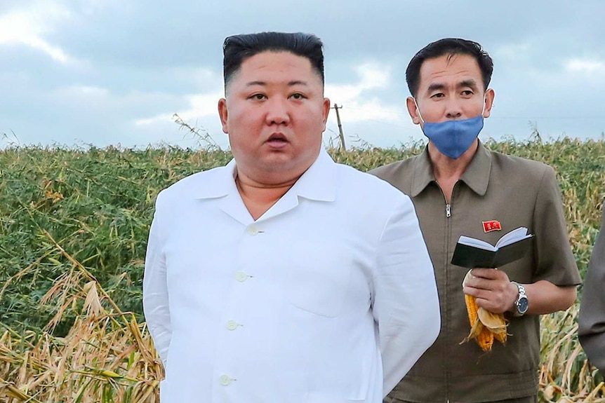 Kim Jong-un in a white shirt standing in a corn field with an aide behind him