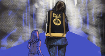 An illustration shows a woman carrying a bible on her back.