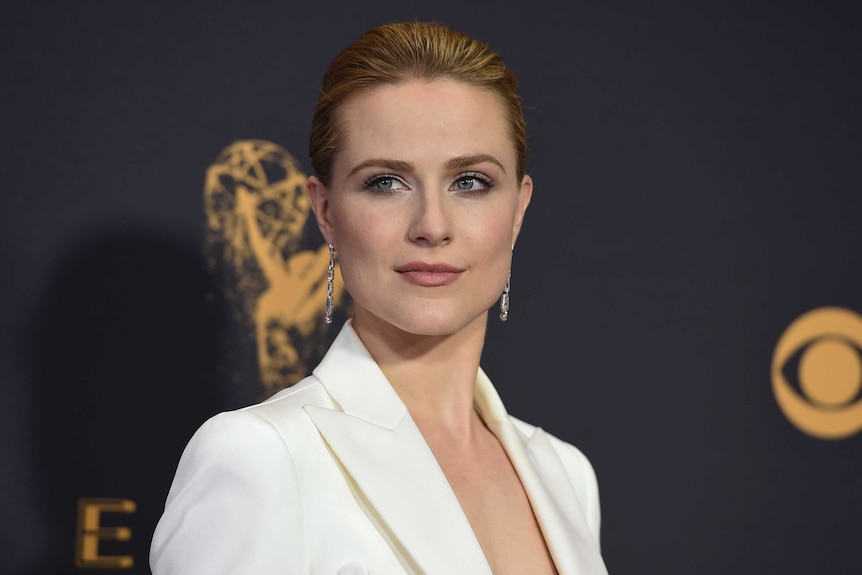 Evan Rachel Wood arrives at the Primetime Emmy Awards, she is wearing a white blazer