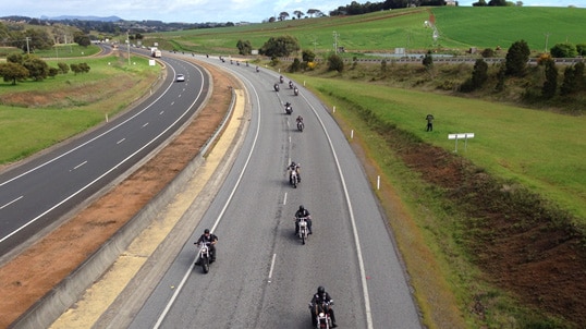 Members of the Rebels motorcycle gang on the Bass Highway, October 2017.