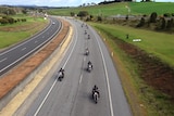 Members of the Rebels motorcycle gang on the Bass Highway, October 2017.