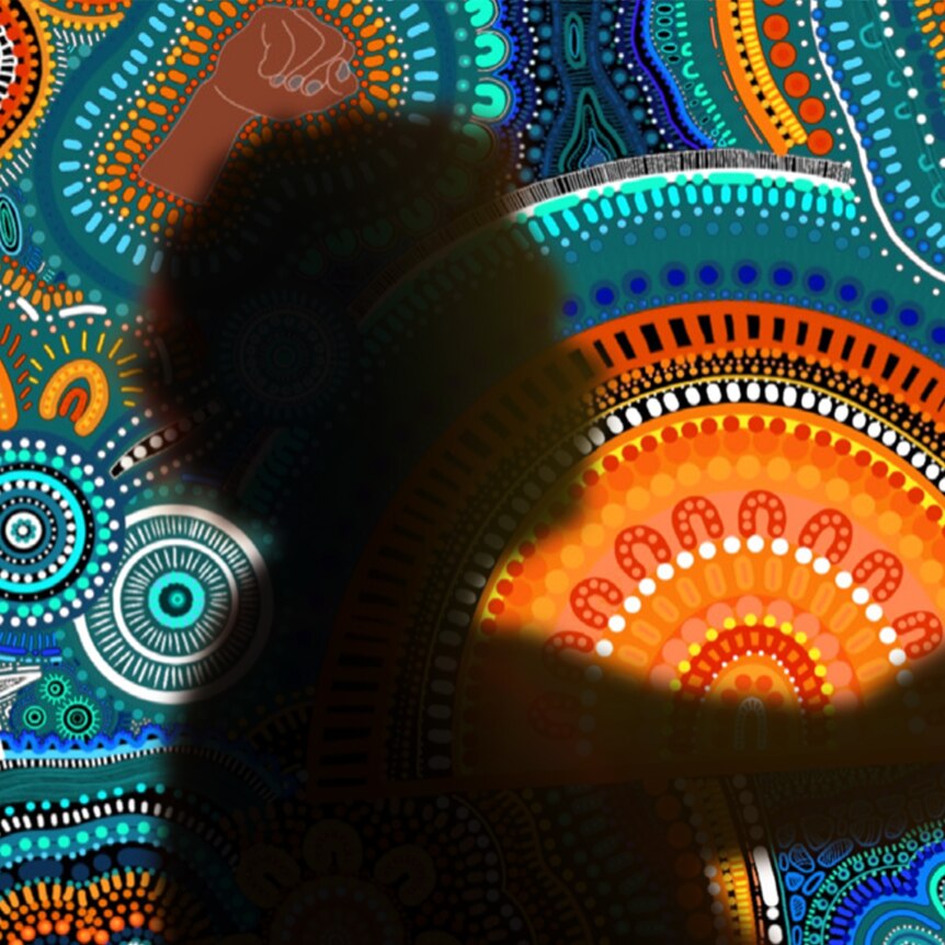 A silouhette of an elderly Aboriginal woman against the background of a orange, blue and white Indigenous designed artwork