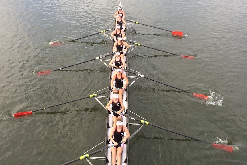 A birds eye view of a female rowing team on a river