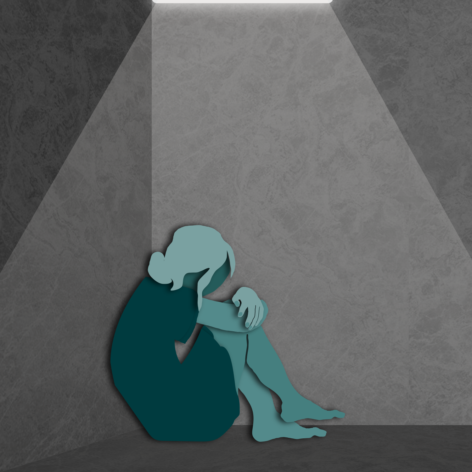 Illustration of girl in watch house cell hugging her legs