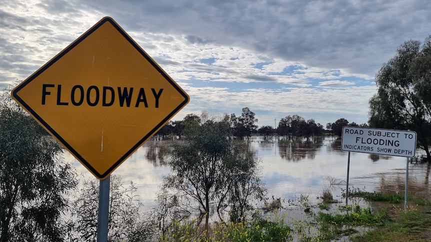 Floodway sign with flooded plains in the background.