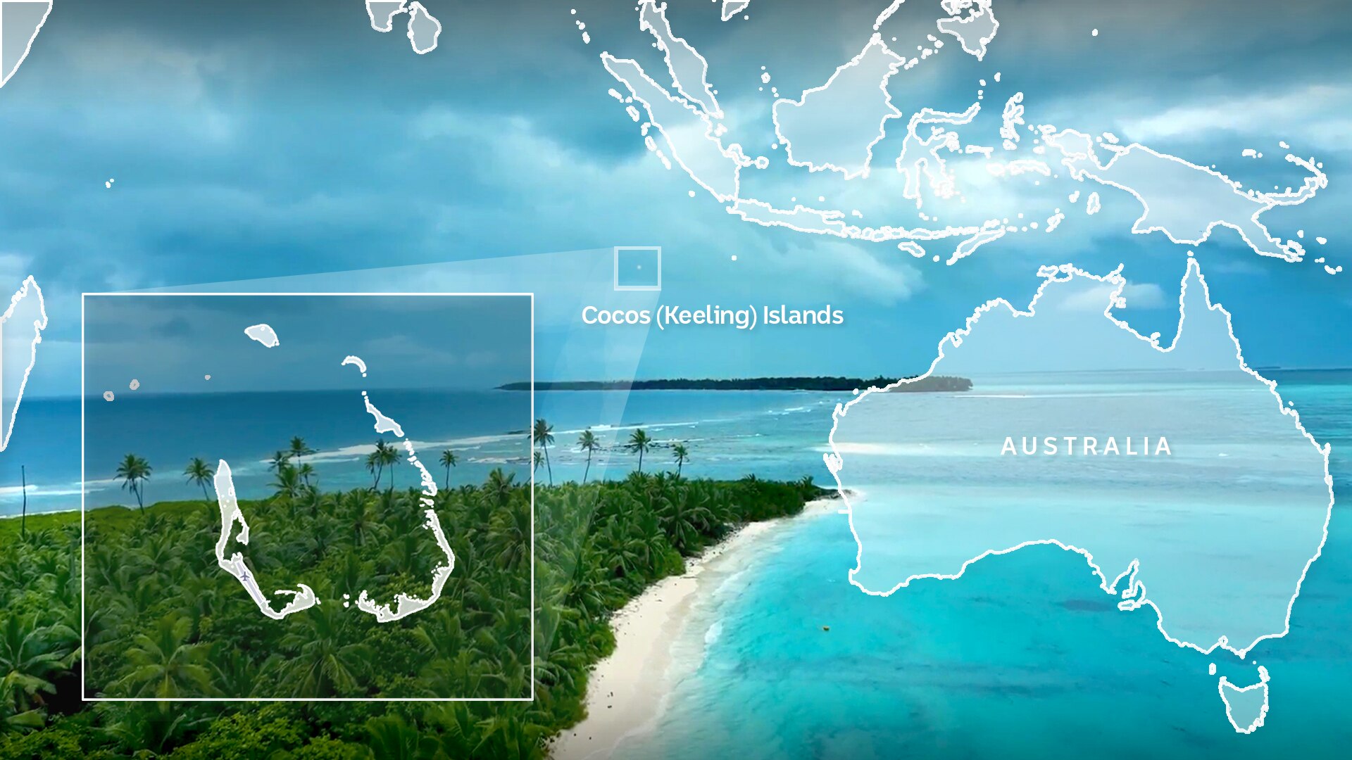 A map of Cocos (Keeling) Islands off Australia offset over an island.