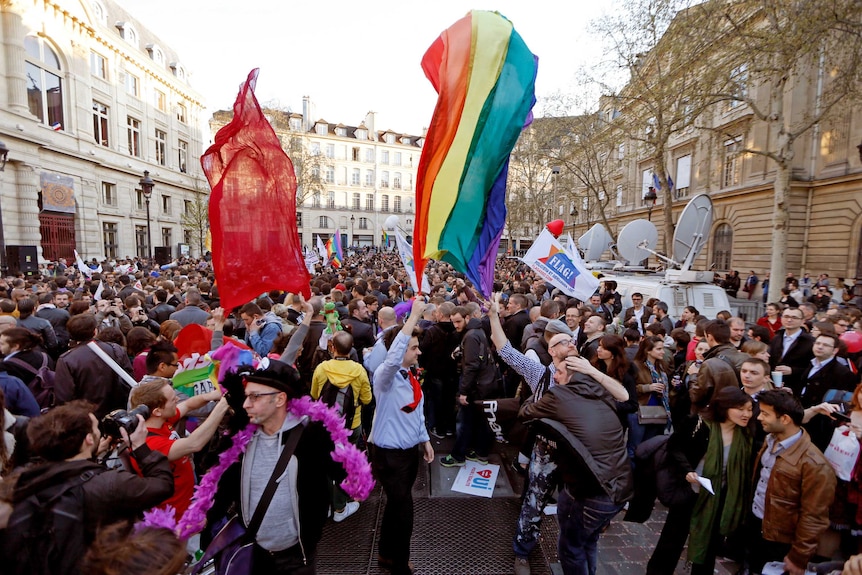 People celebrate France's gay marriage laws