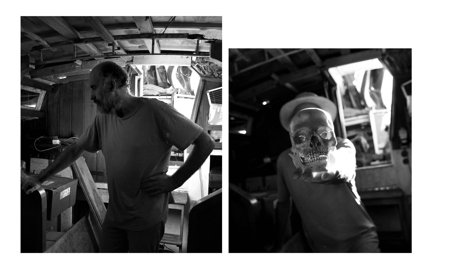 Two photos of a man standing and him holding out a skull for the camera