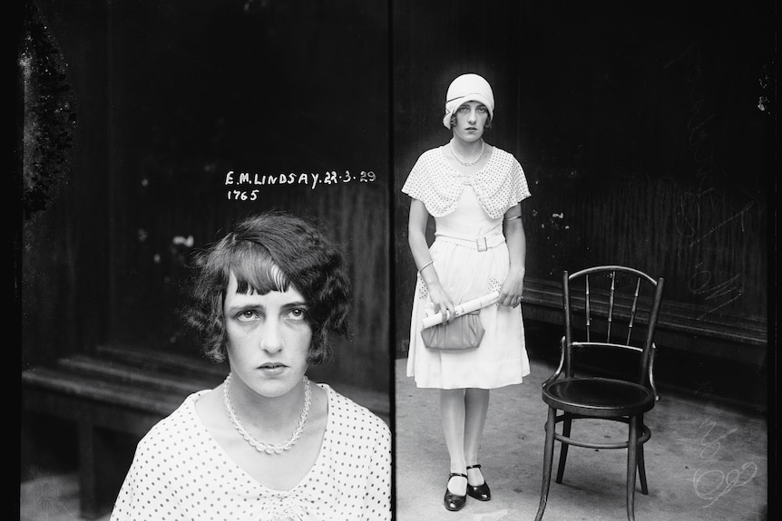 Side by side 1929 black and white mug shots of Edna Lindsay. Close up of Edna's face and Edna, standing next to a chair.