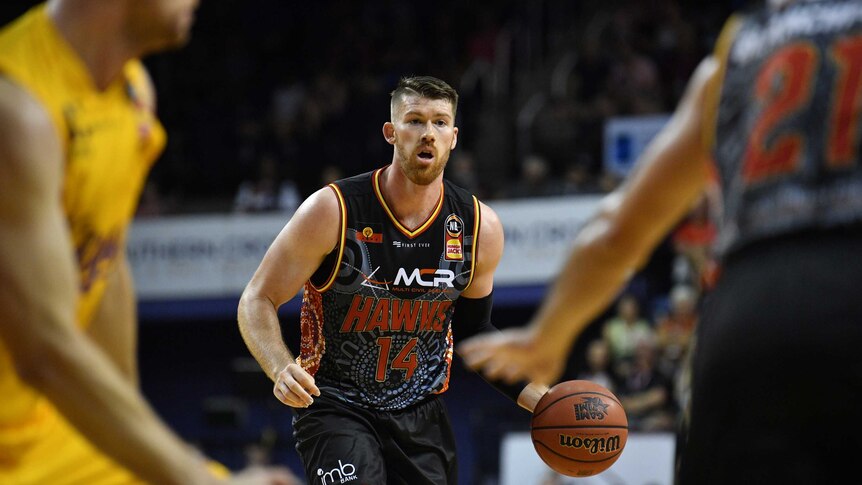 Brian Conklin wears an indigenous themed jersey during the Illawarra Hawks' NBL match with the Sydney Kings