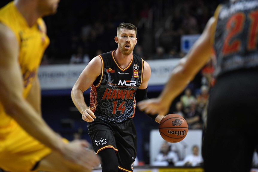 Brian Conklin wears an indigenous themed jersey during the Illawarra Hawks' NBL match with the Sydney Kings