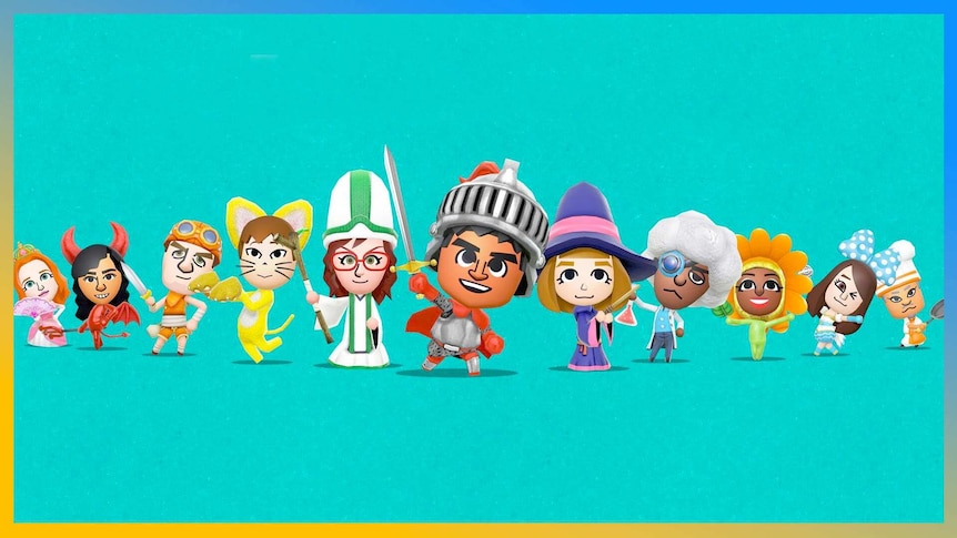Custom Mii characters are standing in a line. They are in costume or hold weapons.
