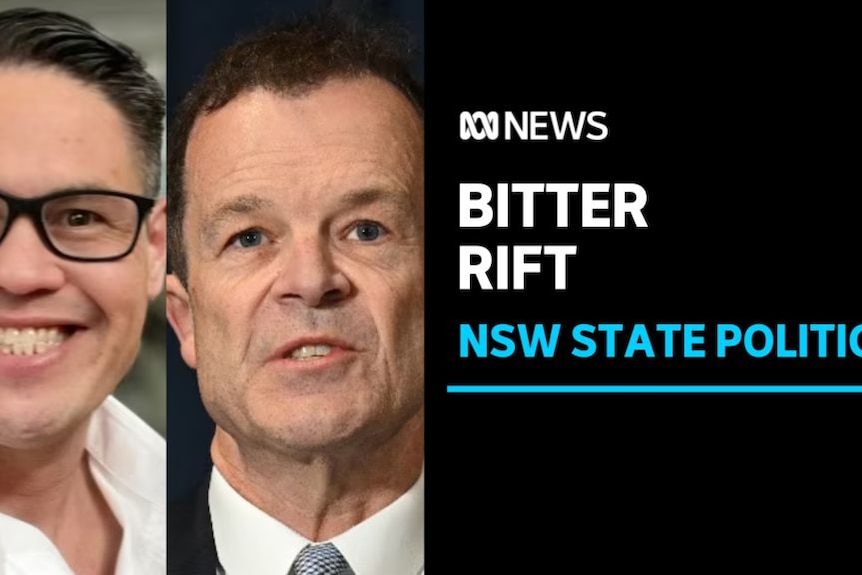 Bitter Rift, NSW State Politics: A composite photo of two men. One on the right with black-rimmed glasses.