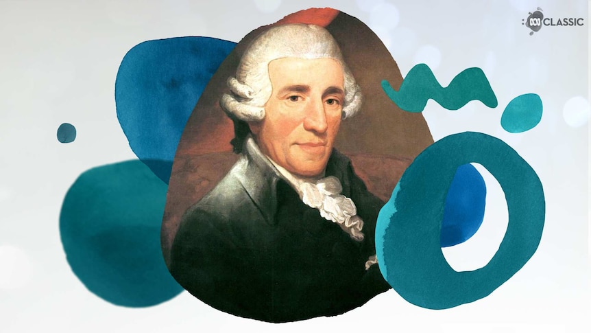 An image of composer Joseph Haydn with stylised musical notation overlayed in tones of teal.
