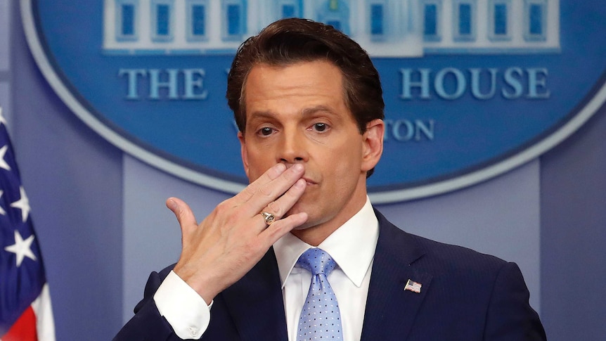Incoming White House Communications Director Anthony Scaramucci blows a kiss at the end of a press briefing.