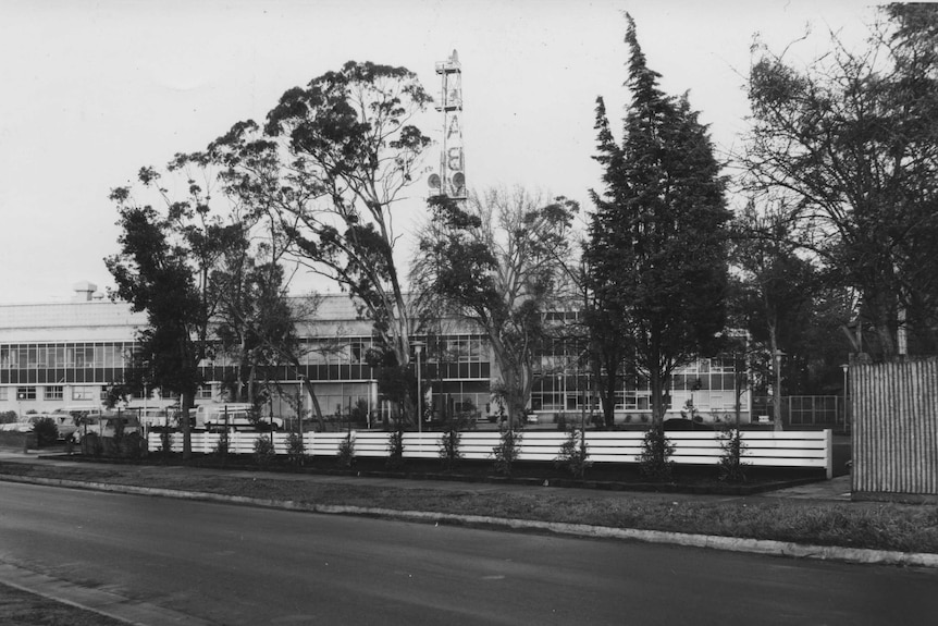 A black and white photo of the ABC building in Melbourne's Ripponlea