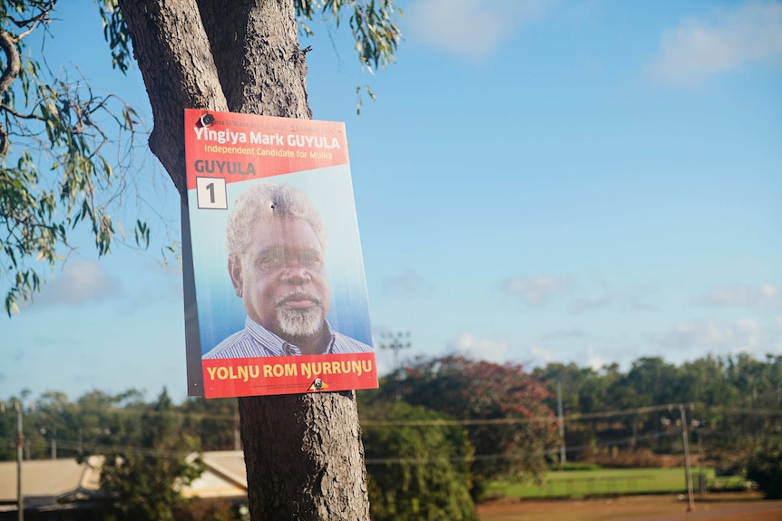 A campaign trail poster of Yingiya Guyula (ABC News: Michael Franchi)