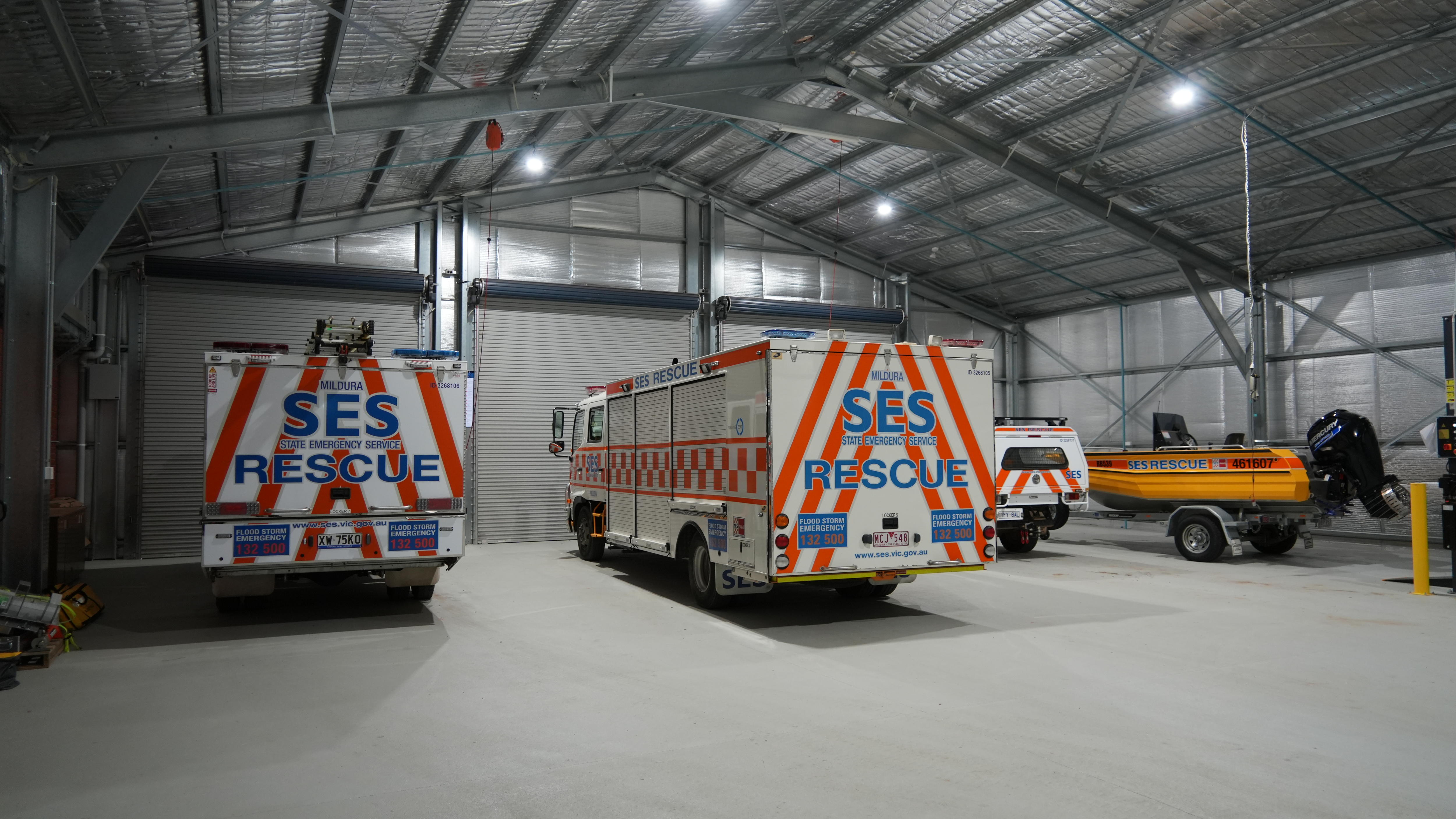 large shed housing SES rescue trucks and boats
