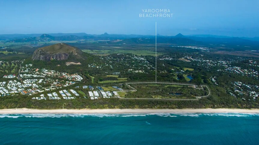 Aerial view of site with water and mount coolum in view