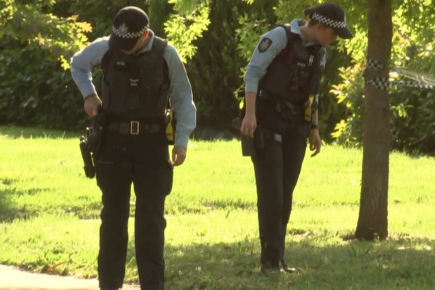 Two police officers look at grass.