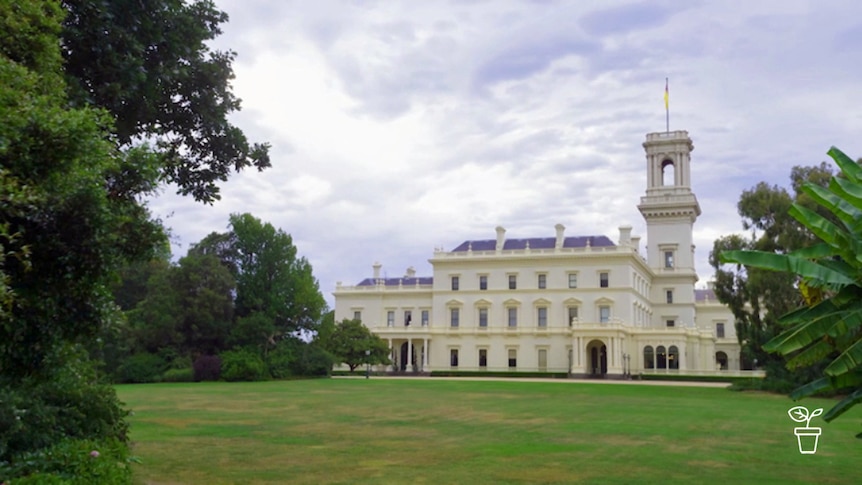 Large cream-coloured mansion surrounded by lawn and landscaped garden