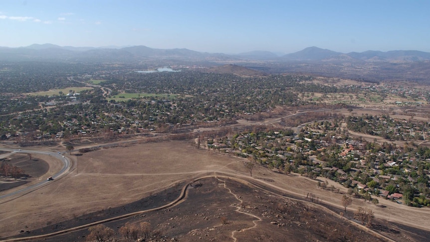 View of Kambah and Mount Arawang, towards Kambah Pool Road and the Murrumbidgee Road.