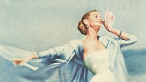 image of woman wearing a long pale blue dress advertising sanitary napkins