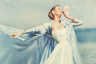 image of woman wearing a long pale blue dress advertising sanitary napkins