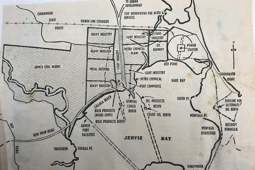 An old map showing plans for a heavy industry zone at Jervis Bay