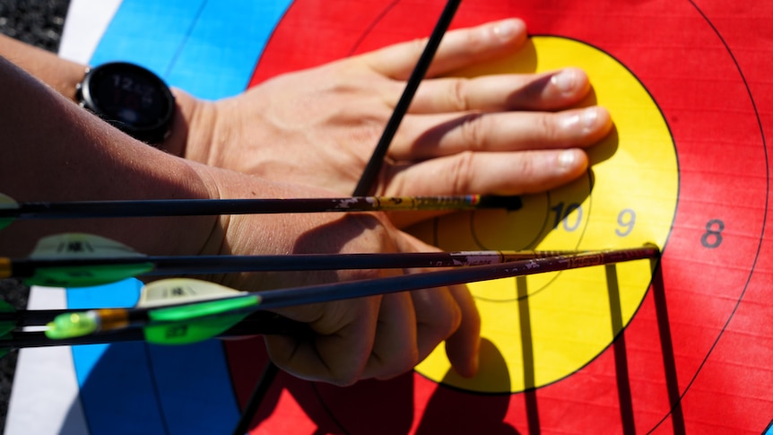An image of a para-archery target board, with a number of arrows sticking out, and a hand reaching for them.
