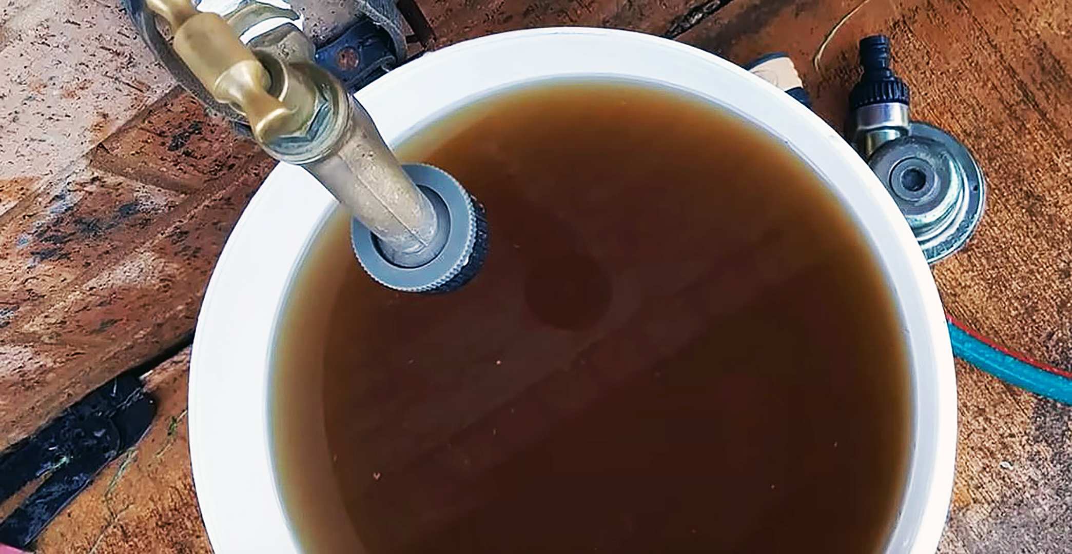 Bucket of brown, murky water sitting under an outdoor tap. It looks disgusting.